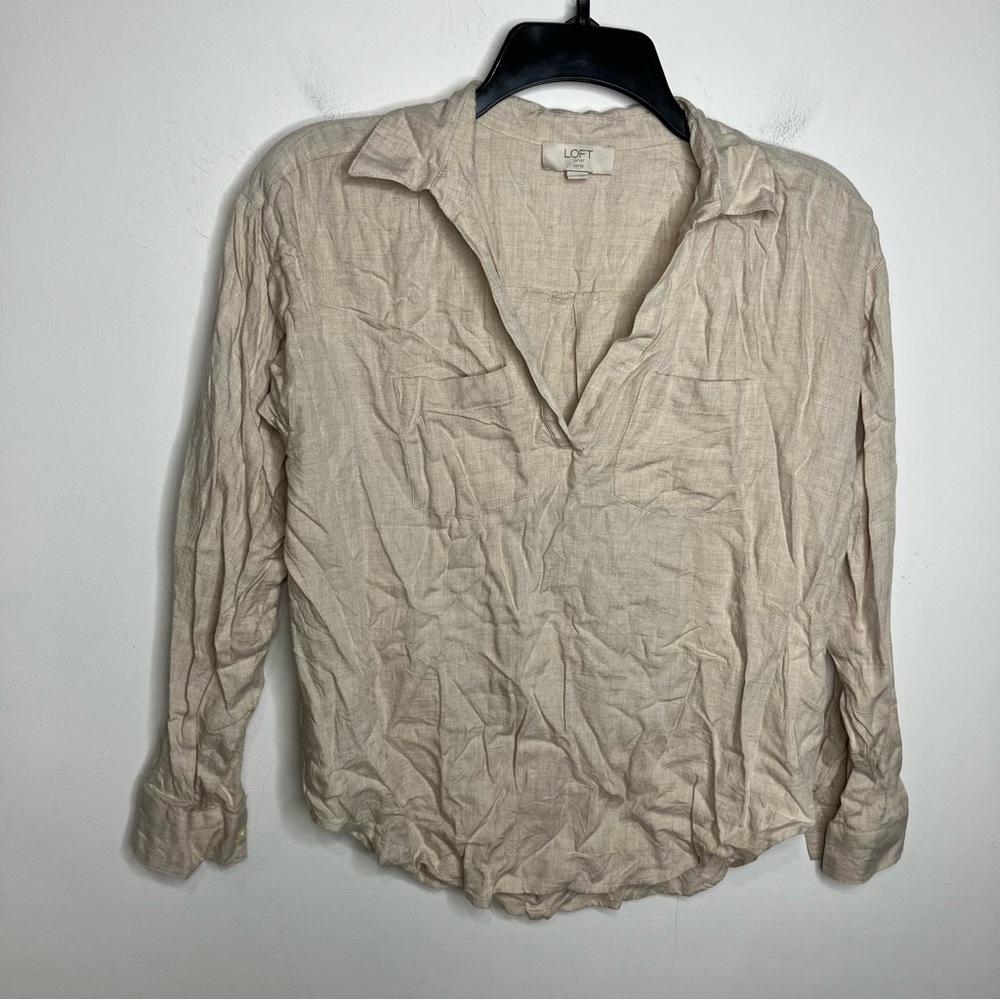 Loft outlet oatmeal tan collared shirt women’s size XXS petite casual neutral‎